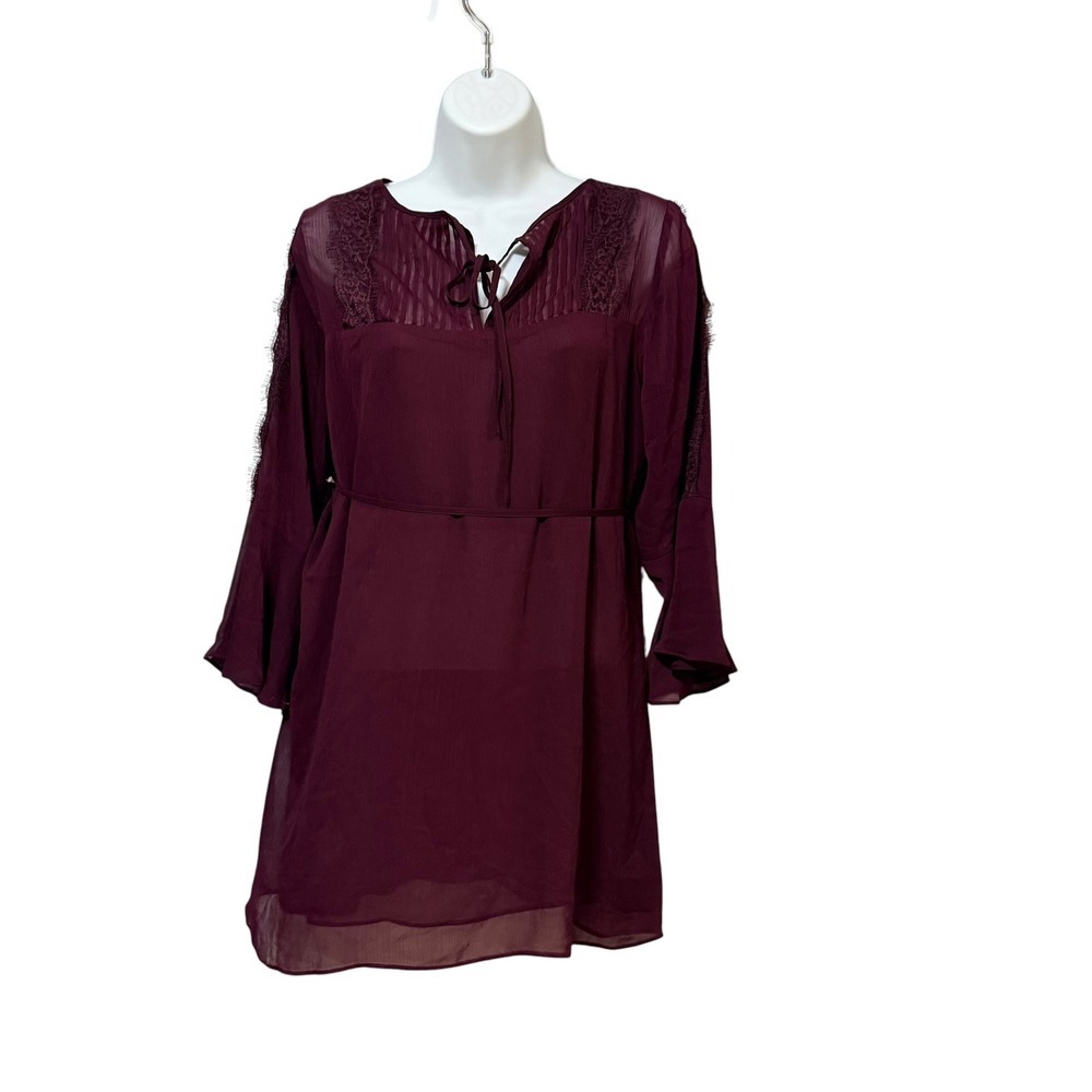 Jessica Simpson Maternity Burgundy Lace Trim Bell Sleeve Tie Neck Tunic Dress M